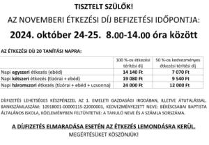 Novemberi étkezési díj térítése