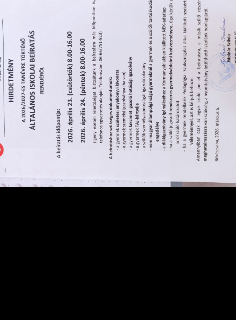 2026/2027-es tanév beíratkozás rendje